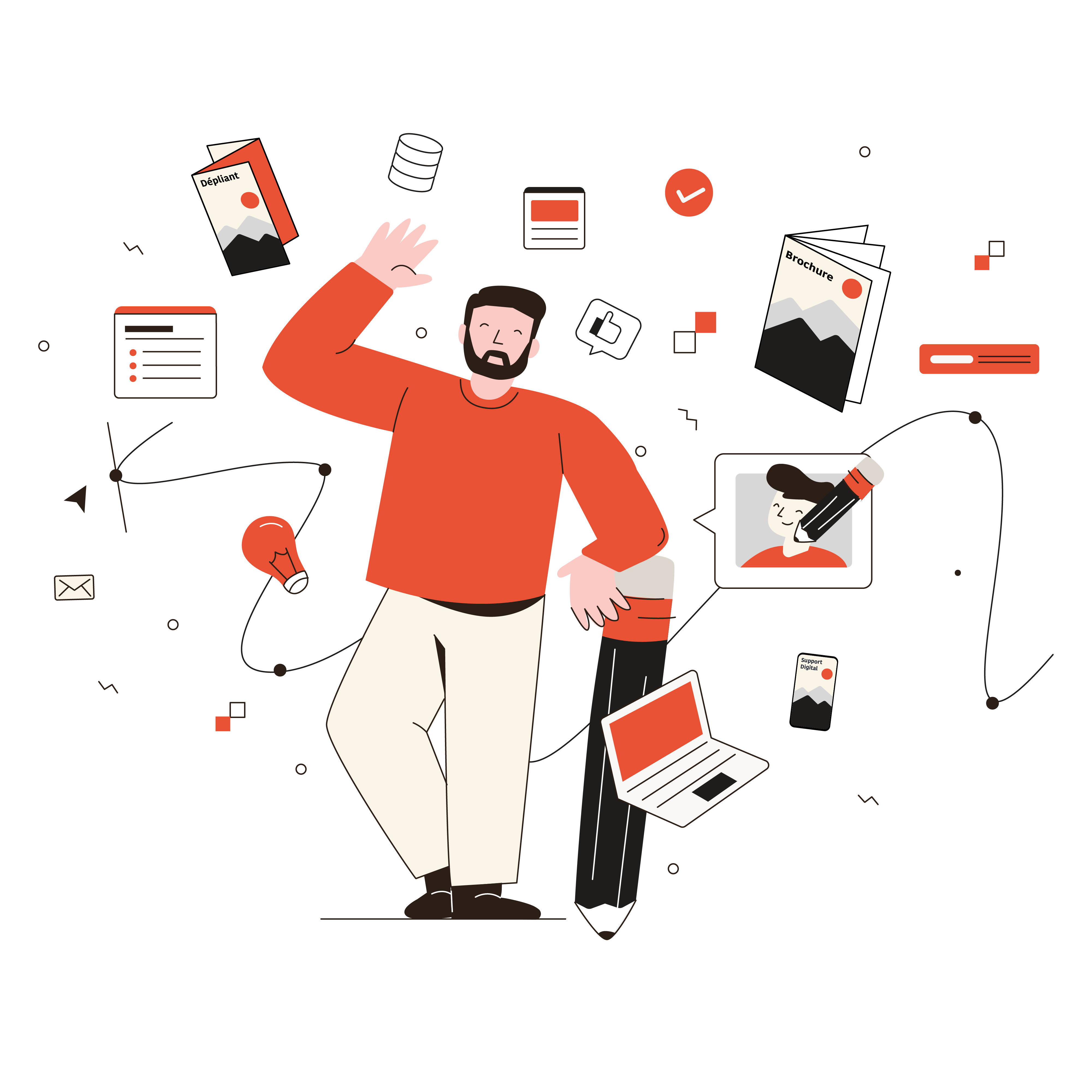 Illustration d’un graphiste entouré d’éléments de communication